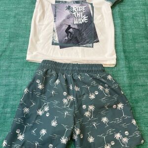 Size 4 swim Set, modern baby beach blanket, swim shoes. Great bundle.